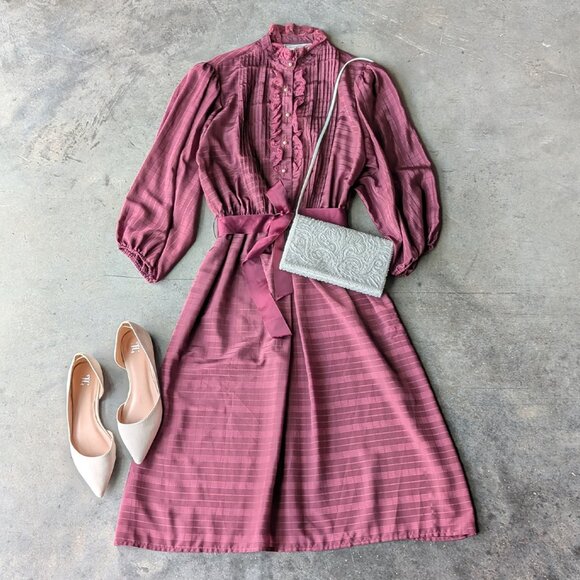 Vintage Dresses & Skirts - Vintage Union Made Purple Ruffle Long Sleeve Fit and Flare Tie Waist Shirt Dress